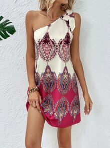 SHEIN VCAY Graphic Print One Shoulder Knot Detail Dress - Multicolor - View 4