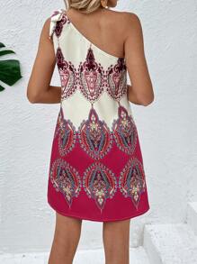 SHEIN VCAY Graphic Print One Shoulder Knot Detail Dress - Multicolor - View 2