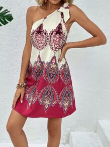 SHEIN VCAY Graphic Print One Shoulder Knot Detail Dress - Multicolor - View 6