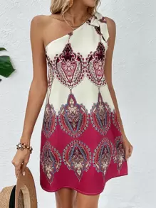 SHEIN VCAY Graphic Print One Shoulder Knot Detail Dress - Multicolor - View 1