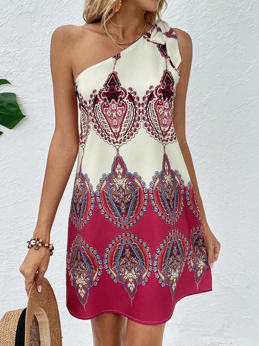 SHEIN VCAY Graphic Print One Shoulder Knot Detail Dress - Multicolor - View 1