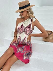 SHEIN VCAY Graphic Print One Shoulder Knot Detail Dress - Multicolor - View 5