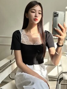 DAZY Contrast Lace Square Neck Puff Sleeve Crop Knit Top - Black - View 3