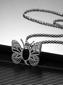 1入組時尚不銹鋼蝴蝶和字母吊墜項鏈適合女士日常裝飾 - 銀色 - 查看 19