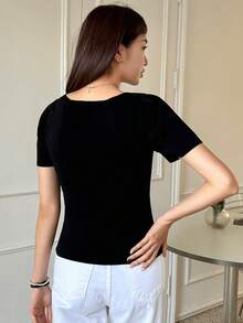 DAZY Contrast Lace Square Neck Puff Sleeve Crop Knit Top - Black - View 2