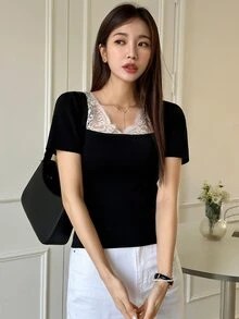DAZY Contrast Lace Square Neck Puff Sleeve Crop Knit Top - Black - View 7