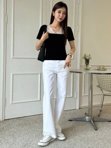 DAZY Contrast Lace Square Neck Puff Sleeve Crop Knit Top - Black - View 5