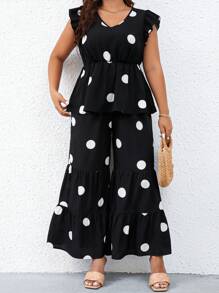 SHEIN LUNE Bộ thời trang Plus Size Viên lá sen Chấm bi Giải trí - màu đen - Xem 3