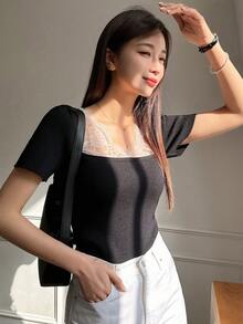 DAZY Contrast Lace Square Neck Puff Sleeve Crop Knit Top - Black - View 6