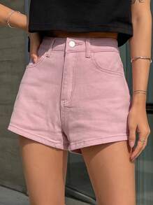 DAZY Chất rắn Cao eo Quần short Denim - Hồng - Xem 1