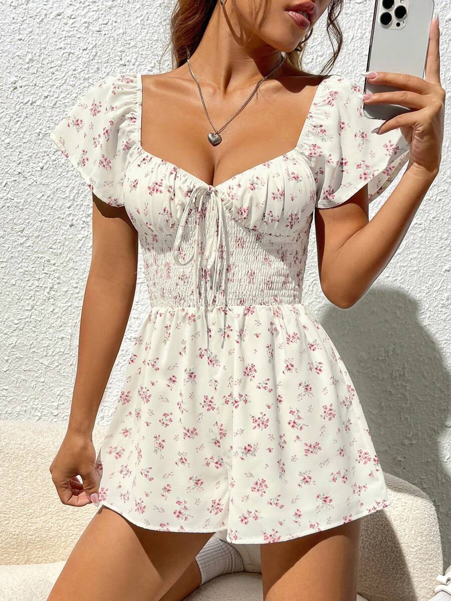 SHEIN PETITE 碎花前打結連身短褲 - 米色 - 查看 1