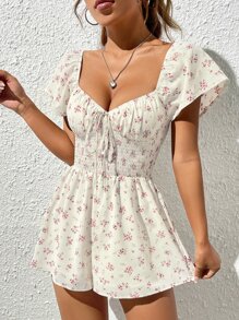 SHEIN PETITE 碎花前打結連身短褲 - 米色 - 查看 4