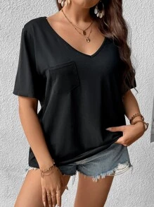 Calvaya Áo thun Plus size Cắt ra màu trơn Gợi cảm - màu đen - Xem 2