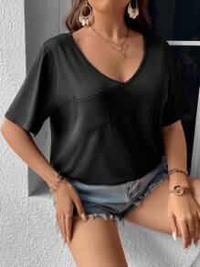 Calvaya Áo thun Plus size Cắt ra màu trơn Gợi cảm - màu đen - Xem 7