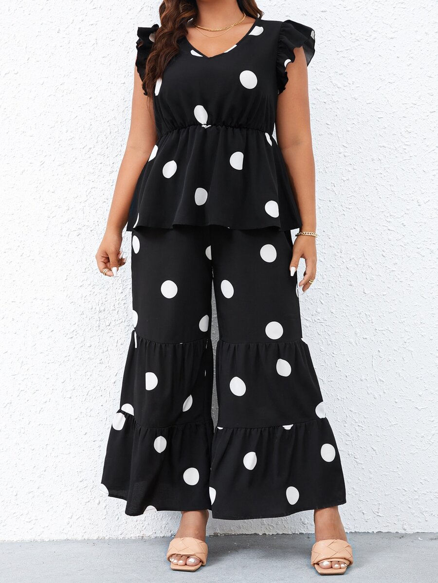 SHEIN LUNE Bộ thời trang Plus Size Viên lá sen Chấm bi Giải trí - màu đen - Xem 1