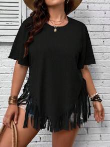 SHEIN LUNE Áo thun Plus size mép màu trơn Giải trí - màu đen - Xem 1