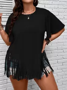 SHEIN LUNE Áo thun Plus size mép màu trơn Giải trí - màu đen - Xem 4