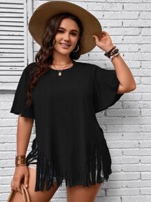 SHEIN LUNE Áo thun Plus size mép màu trơn Giải trí - màu đen - Xem 6