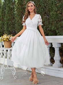 Simplee Women's New Romantic Elegant Long Lace And Mesh Patchwork Dress, Suitable For Wedding, Party, Fairycore - White - View 1