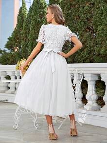 Simplee Women's New Romantic Elegant Long Lace And Mesh Patchwork Dress, Suitable For Wedding, Party, Fairycore - White - View 2