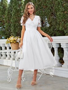 Simplee Women's New Romantic Elegant Long Lace And Mesh Patchwork Dress, Suitable For Wedding, Party, Fairycore - White - View 4