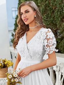 Simplee Women's New Romantic Elegant Long Lace And Mesh Patchwork Dress, Suitable For Wedding, Party, Fairycore - White - View 5