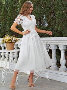 Simplee Women's New Romantic Elegant Long Lace And Mesh Patchwork Dress, Suitable For Wedding, Party, Fairycore - White - View 6