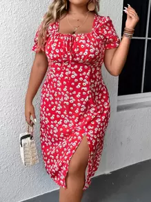 Breezaya Vestido con estampado floral con nudo delantero de muslo con abertura - Rojo - Ver 4