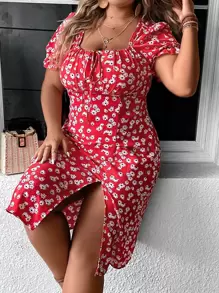 Breezaya Vestido con estampado floral con nudo delantero de muslo con abertura - Rojo - Ver 5