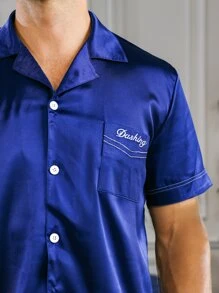 男士字母刺繡睡衣套裝 - 藍色 - 查看 3