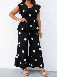 SHEIN LUNE Bộ thời trang Plus Size Viên lá sen Chấm bi Giải trí - màu đen - Xem 5