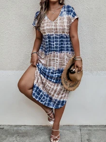 SHEIN Đầm Plus Size Túi Cà vạt nhuộm Giải trí - Màu xanh lam - Xem 4