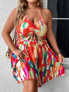 SHEIN Holidaya Vestido con estampado con cordón delantero de cuello halter de espalda abierta - Naranja - Ver 4