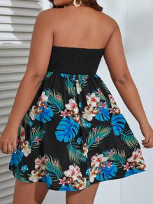 SHEIN VCAY Plus Tropical Print Shirred Bodice Tube Dress - Black - View 2