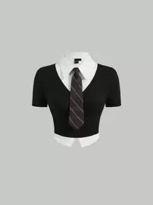 SHEIN MOD Solid Ribbed Knit 2 In 1 Tee With Tie