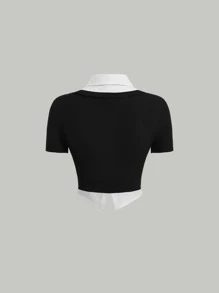 SHEIN MOD Solid Ribbed Knit 2 In 1 Tee With Tie
