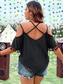 SHEIN Holidaya 大碼挖肩流蘇邊T恤 - 黑色 - 查看 2