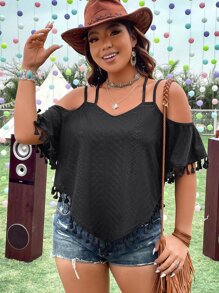 SHEIN Holidaya 大碼挖肩流蘇邊T恤 - 黑色 - 查看 5