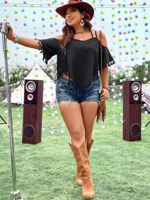 SHEIN Holidaya 大碼挖肩流蘇邊T恤 - 黑色 - 查看 6