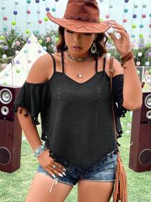 SHEIN Holidaya 大碼挖肩流蘇邊T恤 - 黑色 - 查看 7