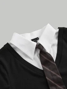 SHEIN MOD Solid Ribbed Knit 2 In 1 Tee With Tie