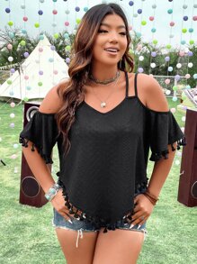 SHEIN Holidaya 大碼挖肩流蘇邊T恤 - 黑色 - 查看 8