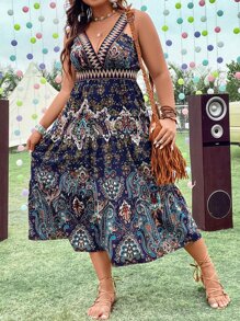 SHEIN LUNE Plus Paisley Print Ruffle Hem Cami Dress - Multicolor - View 3