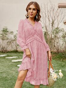 Simplee 滿版圖案荷葉袖荷葉邊連衣裙 - 粉色 - 查看 6