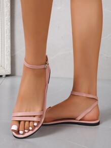 Xăng đan đế bằng hai quai cho nữ, Xăng đan quai ngang mắt cá chân mùa hè màu hồng thời trang - Hồng - Xem 3