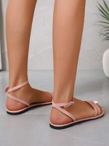 Xăng đan đế bằng hai quai cho nữ, Xăng đan quai ngang mắt cá chân mùa hè màu hồng thời trang - Hồng - Xem 4