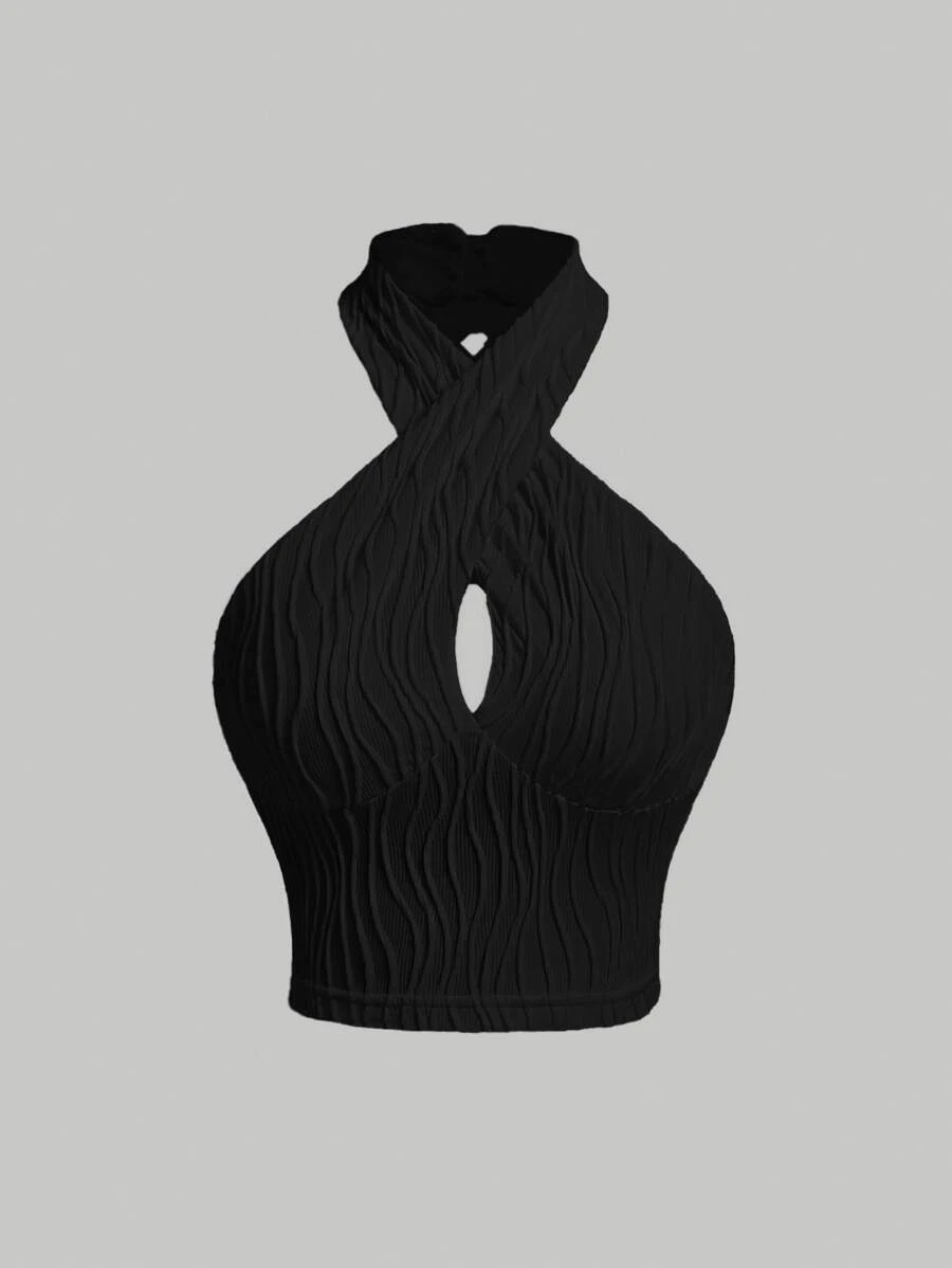 SHEIN MOD Solid Criss Cross Halter Top - Black - View 1