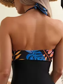 SHEIN Swim 熱帶圖案前扭結吊脖連體泳衣 - 彩色 - 查看 3