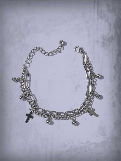 Goth Cross Charm Layered Bracelet
