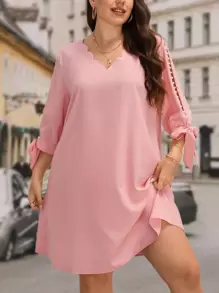 SHEIN Clasi Vestido ribete en abanico de manga con abertura - Rosa - Ver 1